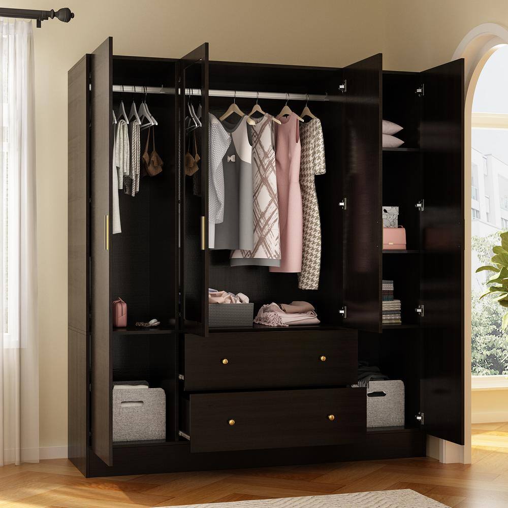 FUFU&GAGA KF330062-034 Brown Wood Grain 63 in. W 4-Door Big Armoires With Mirror, 2 Hanging Rods, 2 Drawers, Storage Shelves (70.9 in. H)5