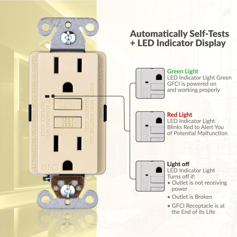 Faith GLS-15A-IV-10 15 Amp 125-Volt GFCI Duplex Outlet, GFI Receptacle with Indicator Light, Wall Plate Included, Ivory (10-Pack)4