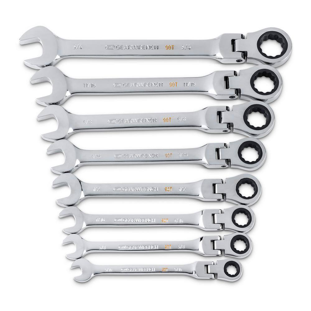 GEARWRENCH 86795 90-Tooth SAE Ratcheting Flex-Head Combination Wrench Set with Tray (8-Piece) GEARWRENCH 86795 90-Tooth SAE Ratcheting Flex-Head Combination Wrench Set with Tray (8-Piece)