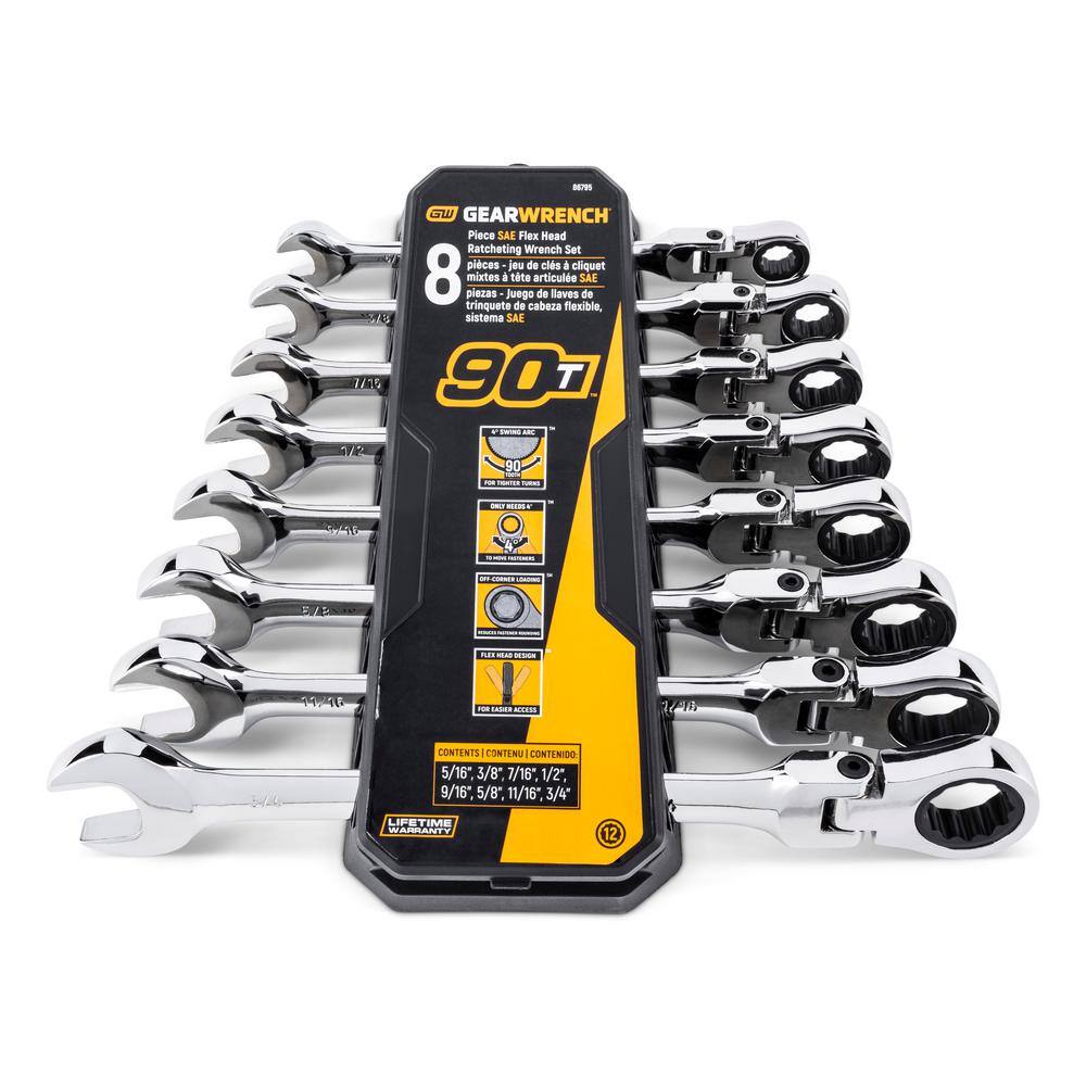 GEARWRENCH 86795 90-Tooth SAE Ratcheting Flex-Head Combination Wrench Set with Tray (8-Piece)7