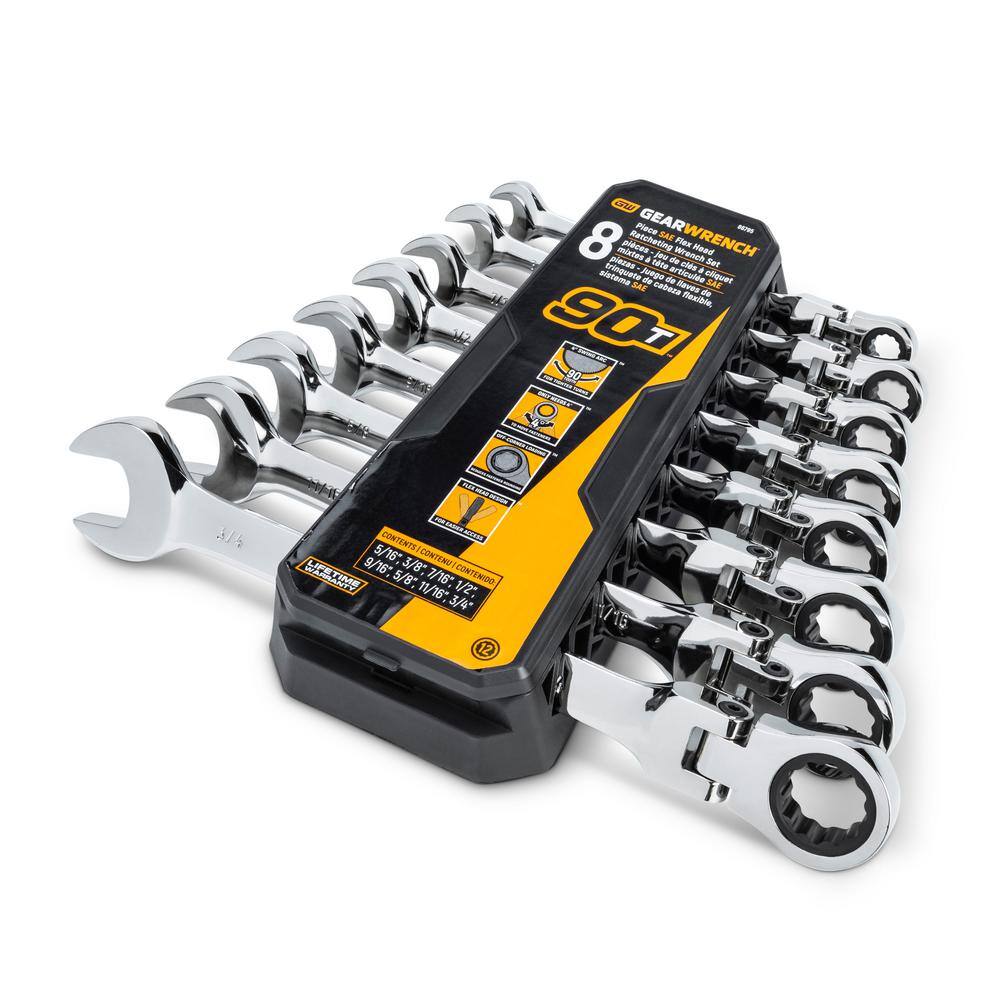 GEARWRENCH 86795 90-Tooth SAE Ratcheting Flex-Head Combination Wrench Set with Tray (8-Piece)8