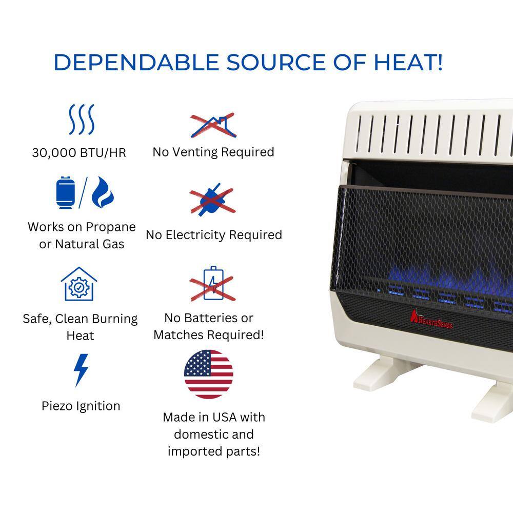 HearthSense 171101 30,000 BTU Vent Free Dual Fuel (NG or LP) Blue Flame Heater with Base Feet - T-Stat Control12