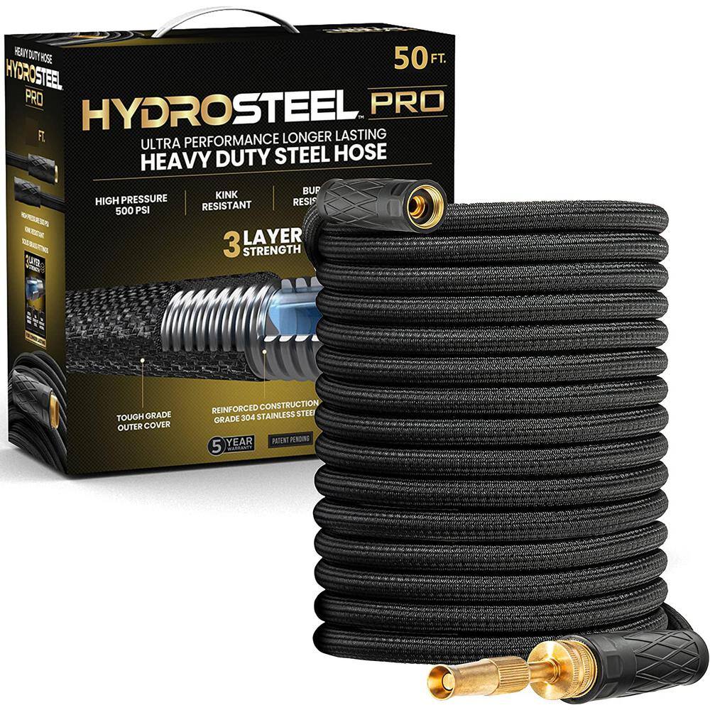 HydroSteel 8586 Pro 50 ft. Heavy-Duty Flexible Lightweight 304 Stainless Steel Metal Water Hose with Brass Nozzle HydroSteel 8586 Pro 50 ft. Heavy-Duty Flexible Lightweight 304 Stainless Steel Metal Water Hose with Brass Nozzle