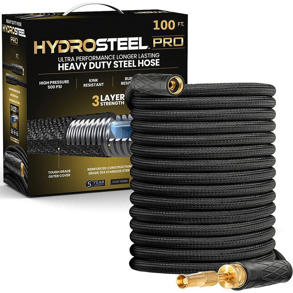 HydroSteel 8588 Pro 100 ft. Heavy-Duty Flexible Lightweight 304 Stainless Steel Metal Water Hose with Brass Nozzle HydroSteel 8588 Pro 100 ft. Heavy-Duty Flexible Lightweight 304 Stainless Steel Metal Water Hose with Brass Nozzle