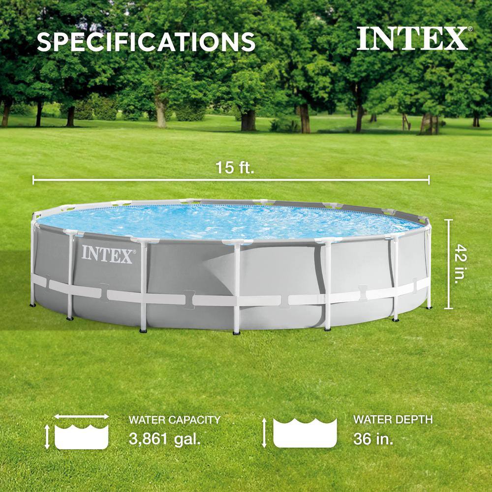 Intex 26723EH-HD 15 ft. x 42 in. Round 42 in. Metal Frame Above Ground Swimming Pool Set with Filter8