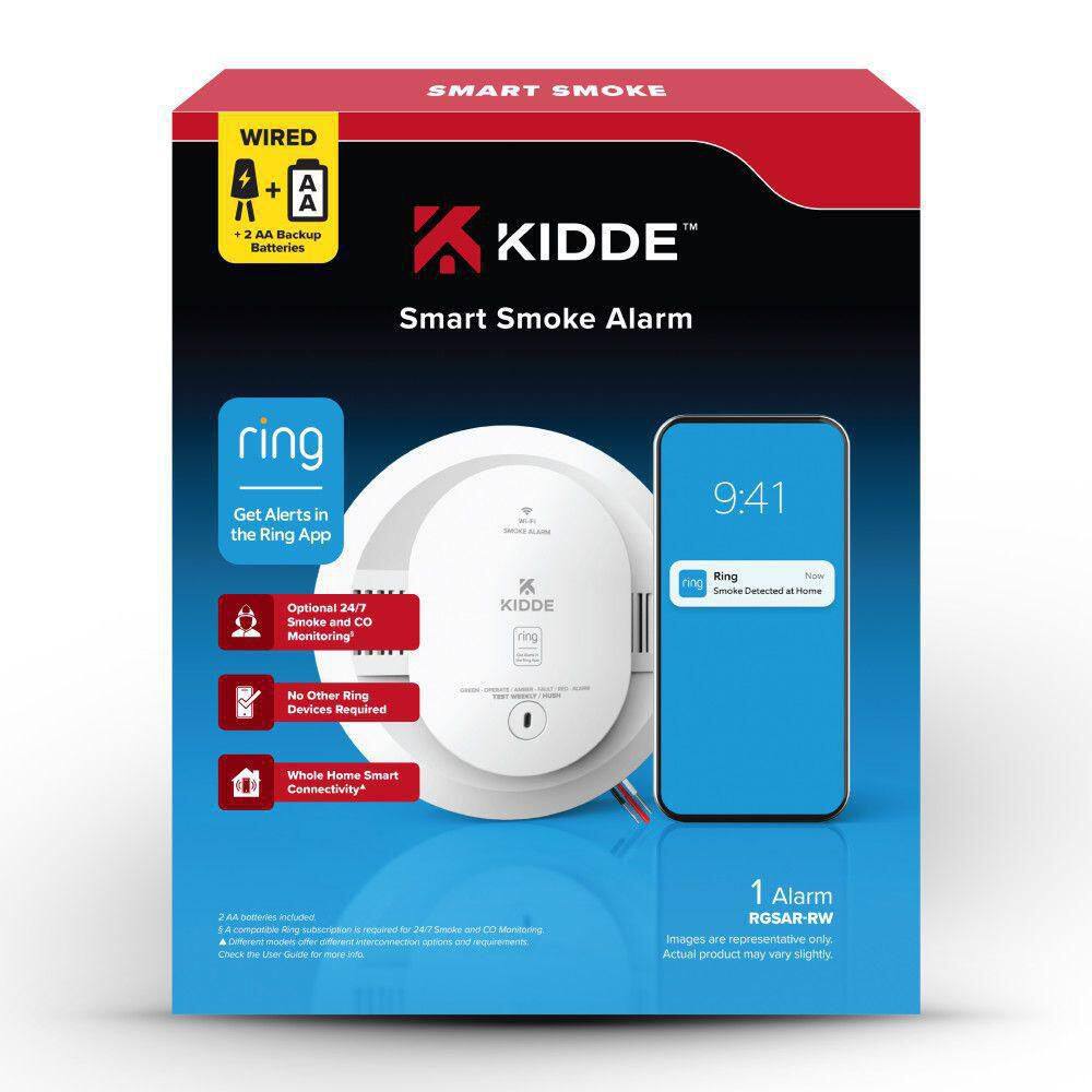 Kidde 21033276 Hardwired Ring App Enabled Smart Smoke Detector with AA Backup Battery, Voice Alerts, Interconnected Alarm1