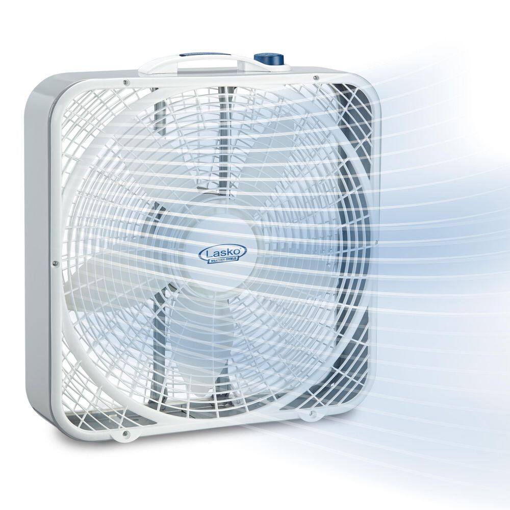 Lasko 3720 Weather Shield 20 in. 3 Speed Box Fan for Home in White with 2000 CFM, High Performance Grill and Carry Handle Lasko 3720 Weather Shield 20 in. 3 Speed Box Fan for Home in White with 2000 CFM, High Performance Grill and Carry Handle