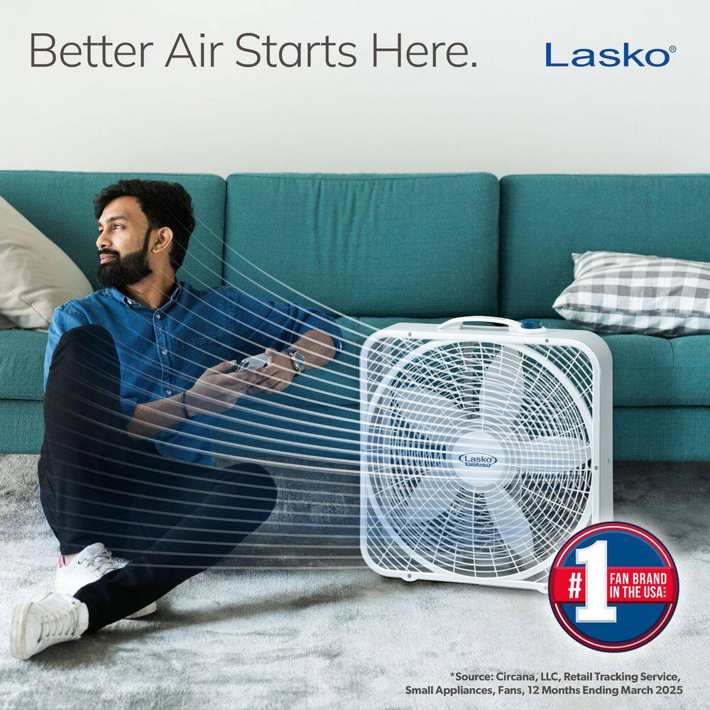 Lasko 3720 Weather Shield 20 in. 3 Speed Box Fan for Home in White with 2000 CFM, High Performance Grill and Carry Handle1