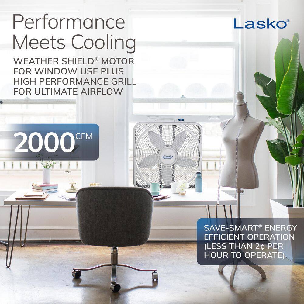 Lasko 3720 Weather Shield 20 in. 3 Speed Box Fan for Home in White with 2000 CFM, High Performance Grill and Carry Handle2