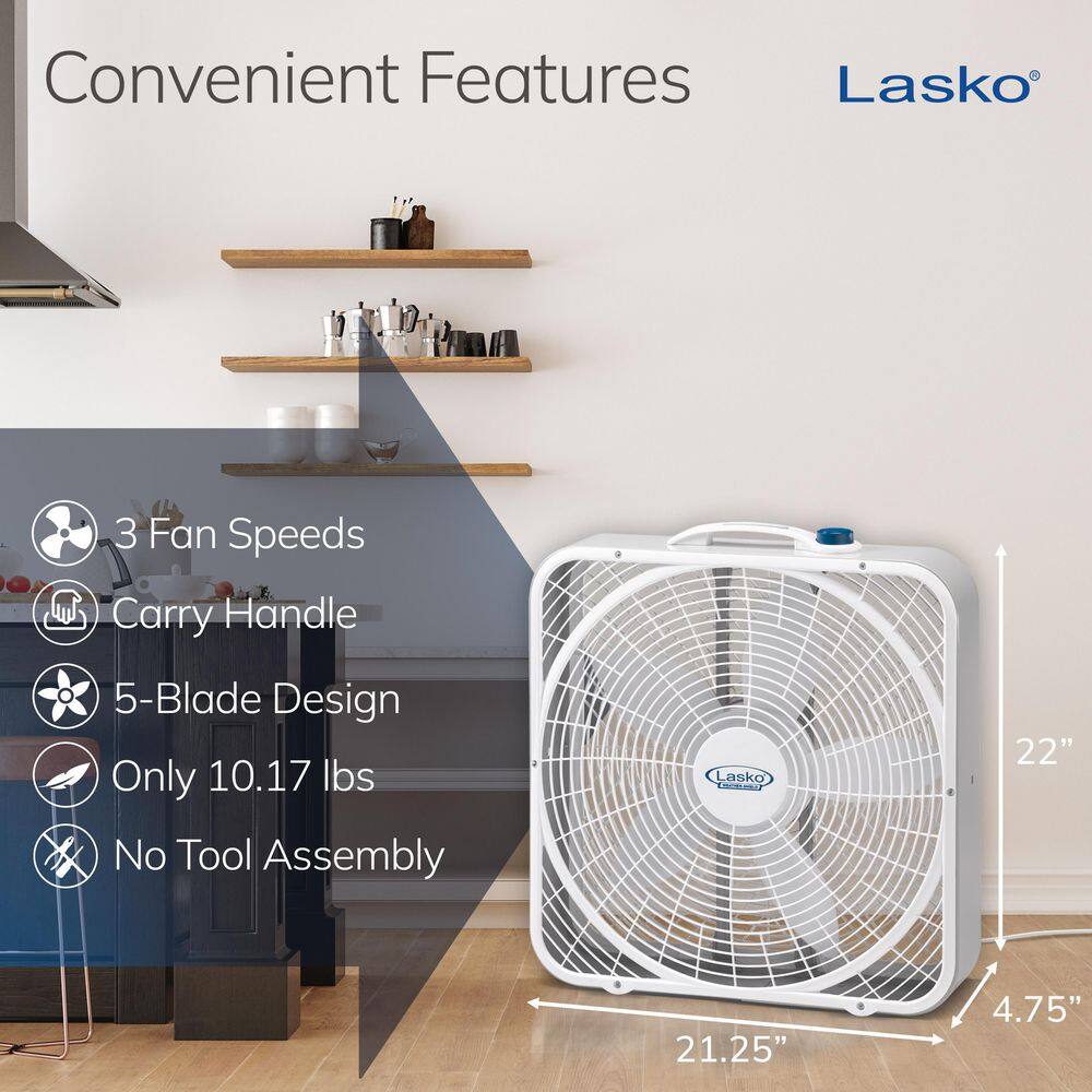 Lasko 3720 Weather Shield 20 in. 3 Speed Box Fan for Home in White with 2000 CFM, High Performance Grill and Carry Handle5