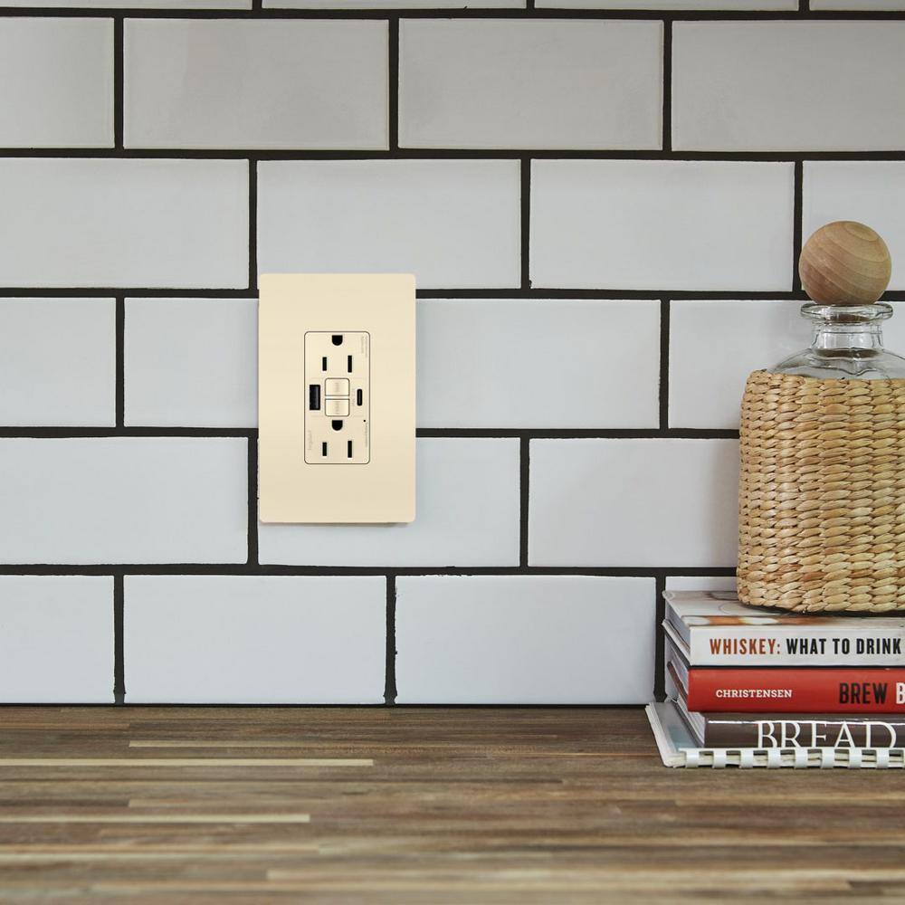 Legrand 1597TRUSBACLA radiant 15 Amp 125-Volt Tamper Resistant GFCI Residential Commercial Decorator Duplex Outlet with A C USB, Light Almond1