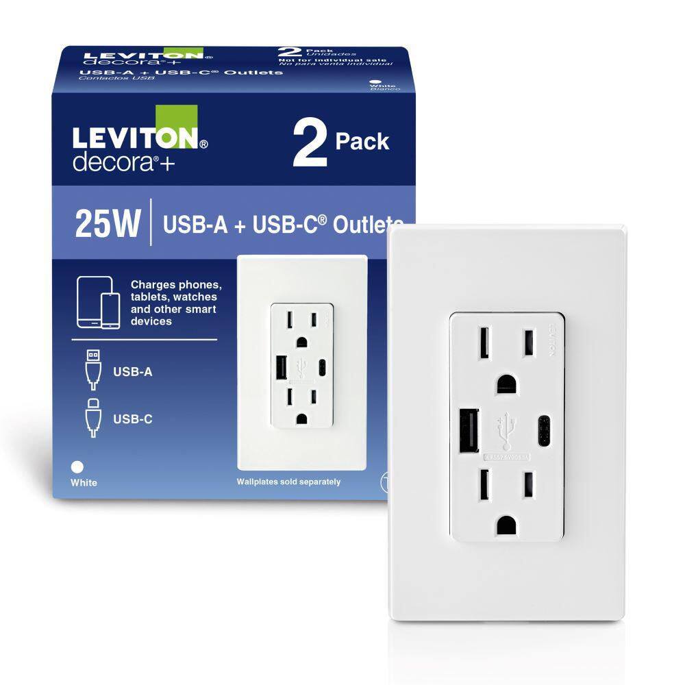 Leviton M02-T5633-2BW 15 Amp Decora Tamper-Resistant Duplex Outlet with Type A and C USB Charger, White (2-Pack) Leviton M02-T5633-2BW 15 Amp Decora Tamper-Resistant Duplex Outlet with Type A and C USB Charger, White (2-Pack)