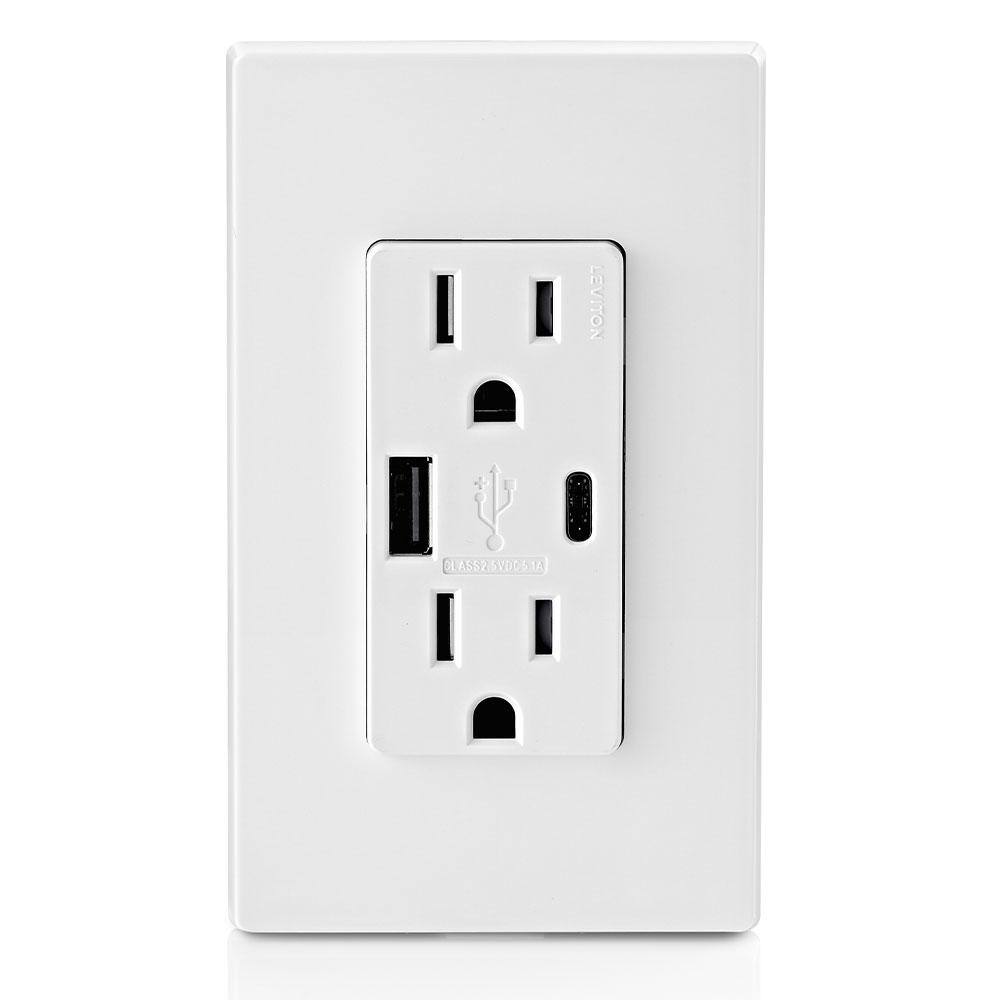 Leviton M02-T5633-2BW 15 Amp Decora Tamper-Resistant Duplex Outlet with Type A and C USB Charger, White (2-Pack)1