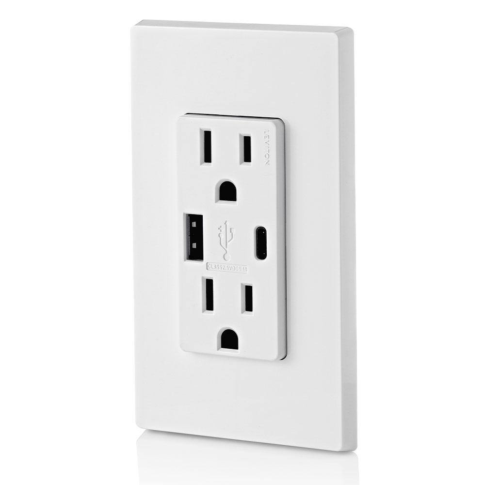 Leviton M02-T5633-2BW 15 Amp Decora Tamper-Resistant Duplex Outlet with Type A and C USB Charger, White (2-Pack)3