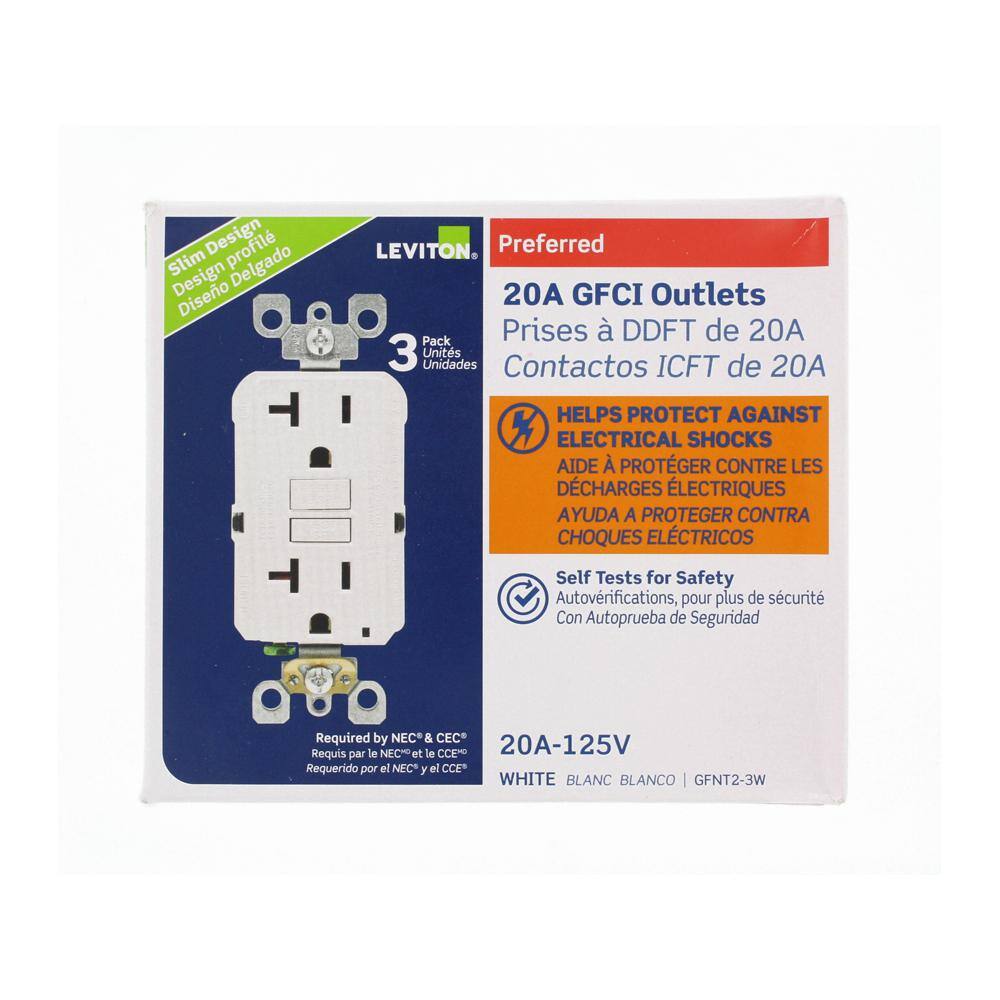 Leviton M42-GFNT2-04W 20 Amp 125-Volt Duplex Self-Test Slim GFCI Outlet, White (4-Pack) GFNT2-4W9