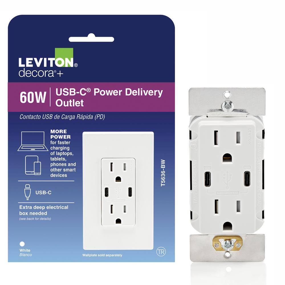 Leviton T5636-W USB Wall Outlet High Power Dual Type-C C Power Delivery 60W (6A) Charger with 15A Tamper-Resistant Outlet, White Leviton T5636-W USB Wall Outlet High Power Dual Type-C/C Power Delivery 60W (6A) Charger with 15A Tamper-Resistant Outlet, White