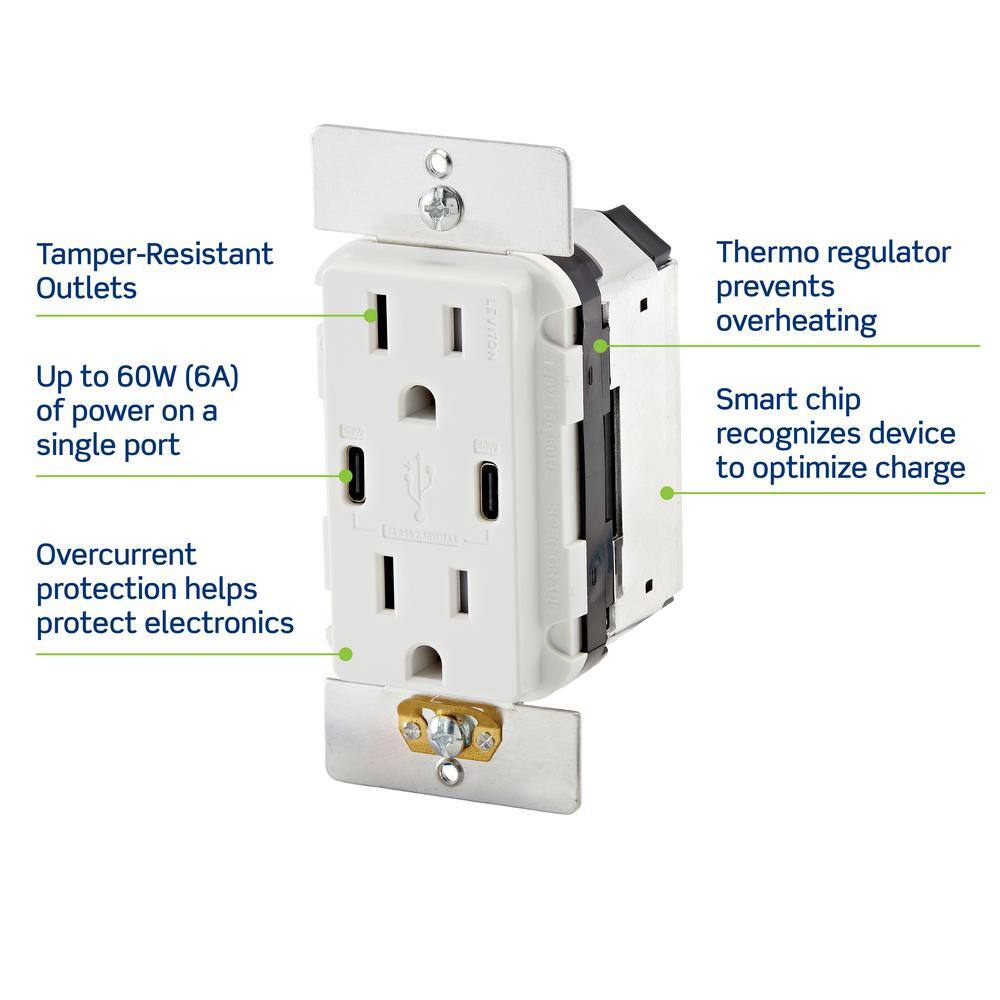 Leviton T5636-W USB Wall Outlet High Power Dual Type-C C Power Delivery 60W (6A) Charger with 15A Tamper-Resistant Outlet, White1