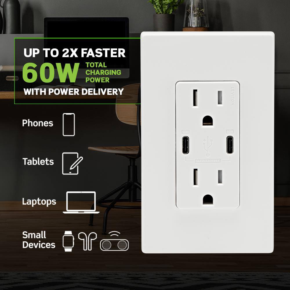 Leviton T5636-W USB Wall Outlet High Power Dual Type-C C Power Delivery 60W (6A) Charger with 15A Tamper-Resistant Outlet, White11