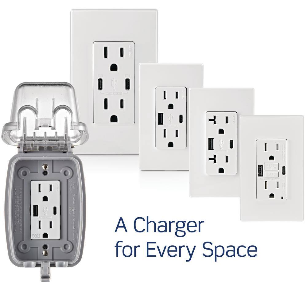 Leviton T5636-W USB Wall Outlet High Power Dual Type-C C Power Delivery 60W (6A) Charger with 15A Tamper-Resistant Outlet, White15