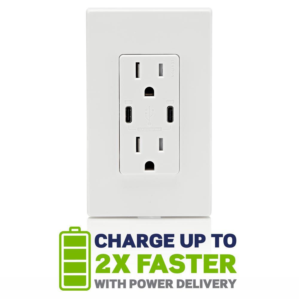 Leviton T5636-W USB Wall Outlet High Power Dual Type-C C Power Delivery 60W (6A) Charger with 15A Tamper-Resistant Outlet, White3