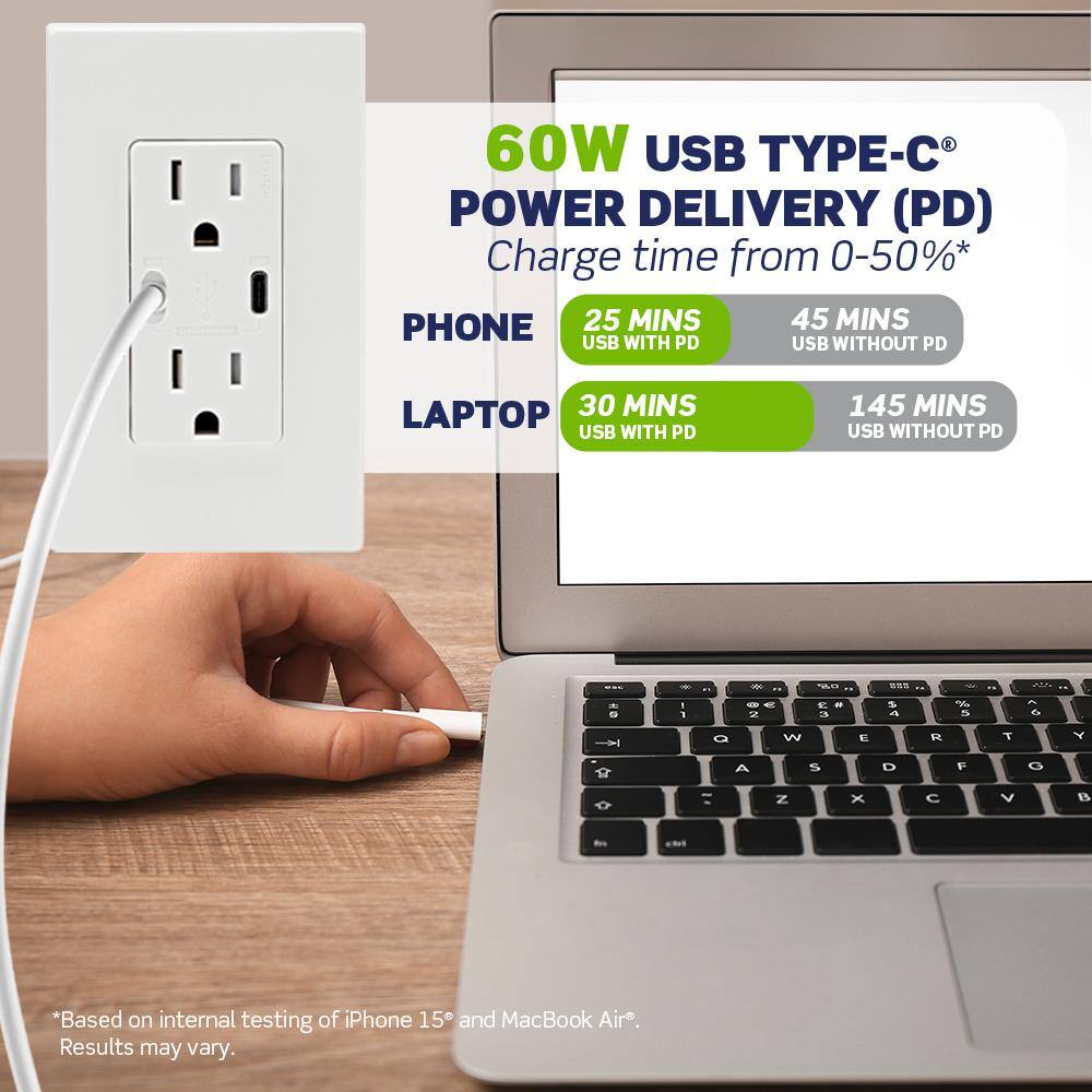 Leviton T5636-W USB Wall Outlet High Power Dual Type-C C Power Delivery 60W (6A) Charger with 15A Tamper-Resistant Outlet, White4
