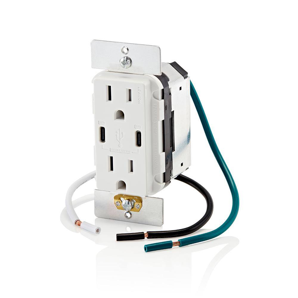 Leviton T5636-W USB Wall Outlet High Power Dual Type-C C Power Delivery 60W (6A) Charger with 15A Tamper-Resistant Outlet, White6