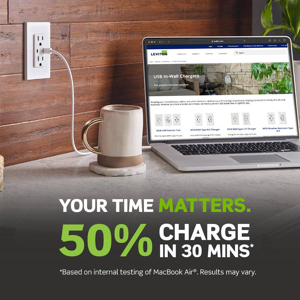 Leviton T5636-W USB Wall Outlet High Power Dual Type-C C Power Delivery 60W (6A) Charger with 15A Tamper-Resistant Outlet, White8