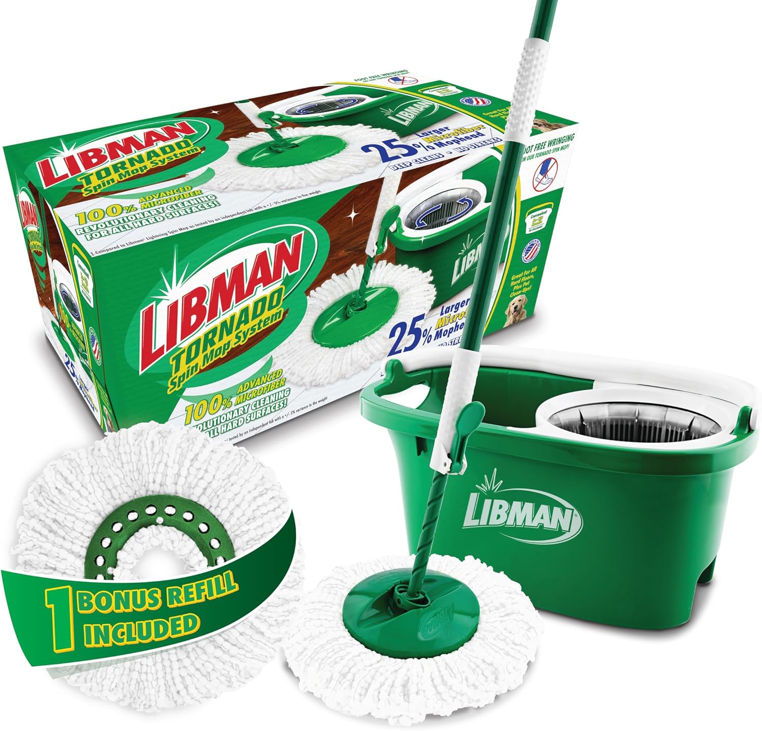 Libman Tornado Spin Mop System, Spinning Floor Mopping and Bucket with Wringer Set for Home, Hardwood, Laminate, Tile Cleaning, Includes 3 Machine Washable Replacement Head Refills (4 Total) Libman Tornado Spin Mop System, Spinning Floor Mopping and Bucket with Wringer Set for Home, Hardwood, Laminate, Tile Cleaning, Includes 3 Machine Washable Replacement Head Refills (4 Total)
