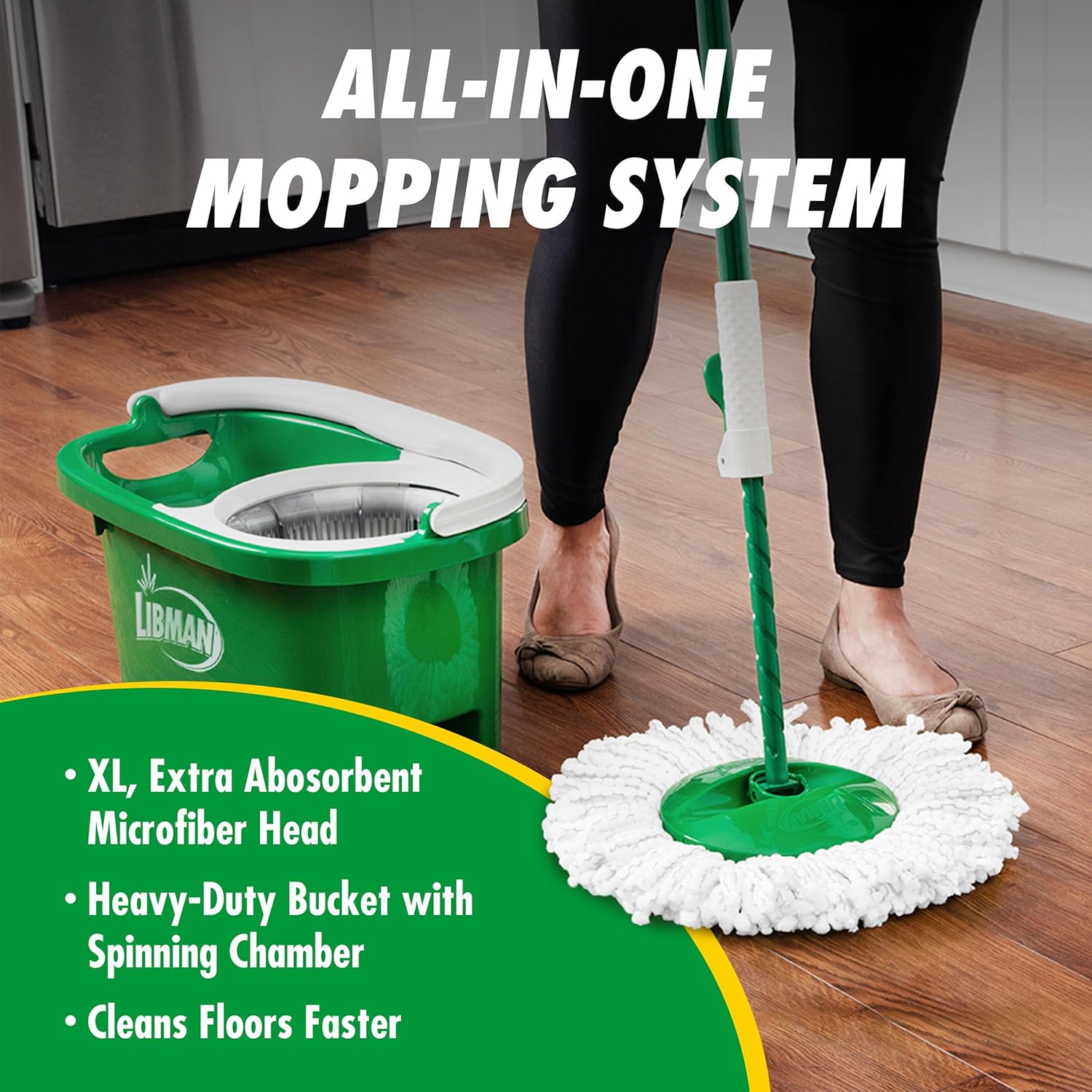 Libman Tornado Spin Mop System, Spinning Floor Mopping and Bucket with Wringer Set for Home, Hardwood, Laminate, Tile Cleaning, Includes 3 Machine Washable Replacement Head Refills (4 Total)1
