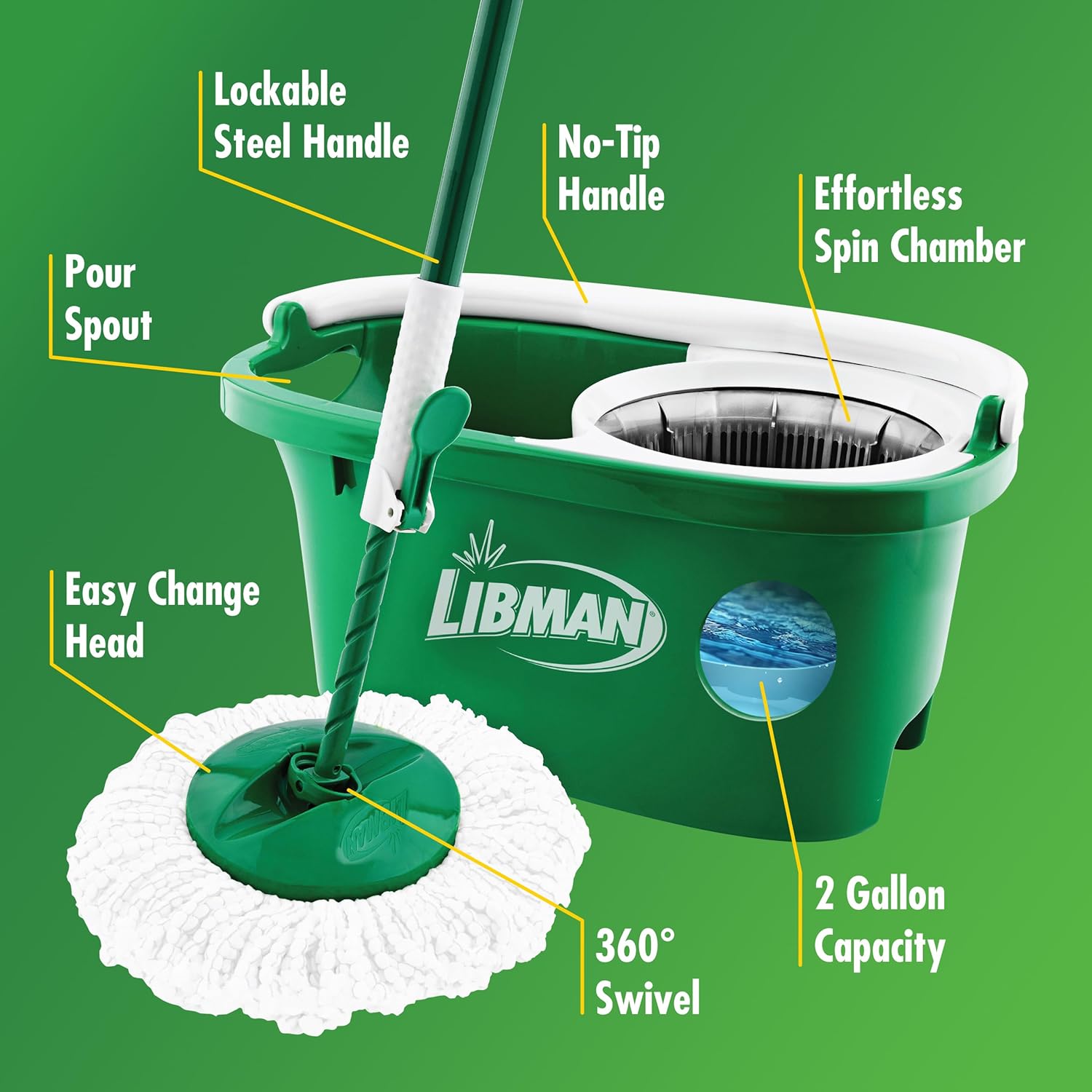 Libman Tornado Spin Mop System, Spinning Floor Mopping and Bucket with Wringer Set for Home, Hardwood, Laminate, Tile Cleaning, Includes 3 Machine Washable Replacement Head Refills (4 Total)4