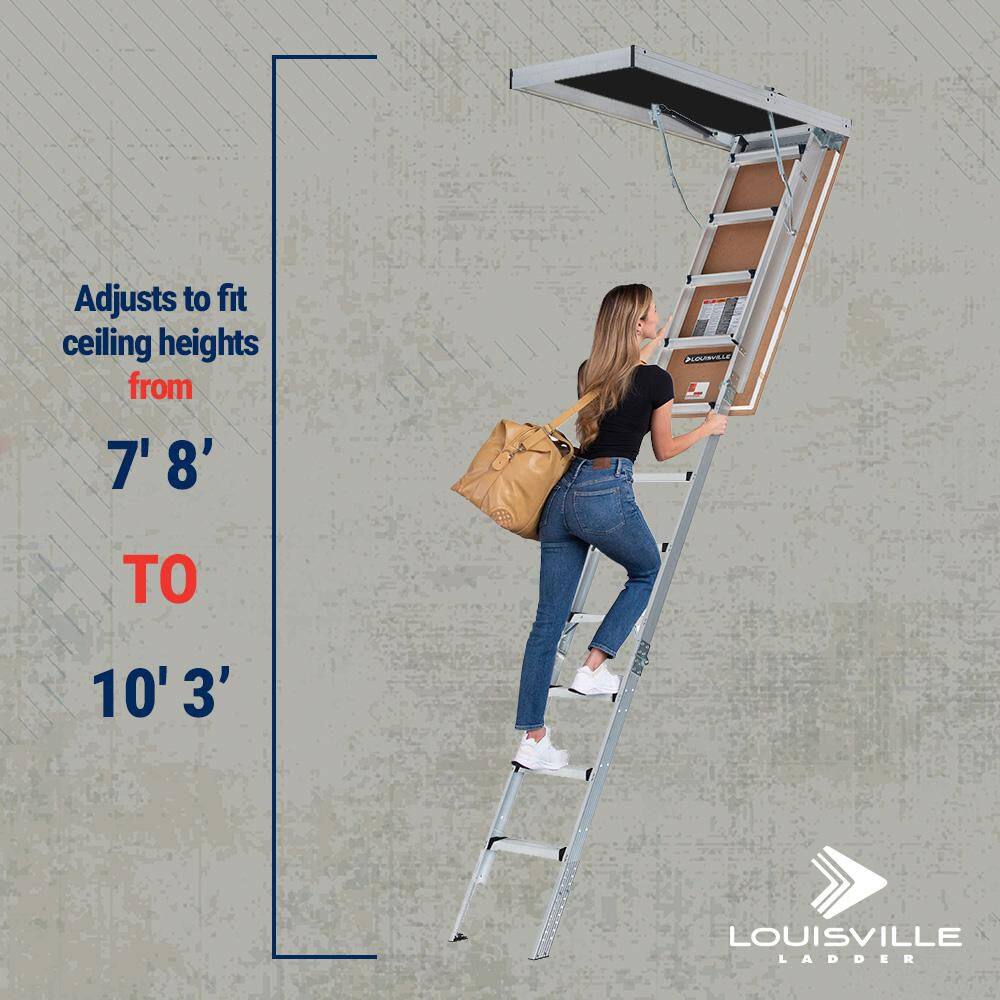 Louisville Ladder AH2240MG-R5 Energy Efficient 7 ft. 8 in. to 10 ft. 3 in., 22.5 in. x 54 in. Insulated Aluminum Attic Ladder, 375 lbs. Load Capacity1