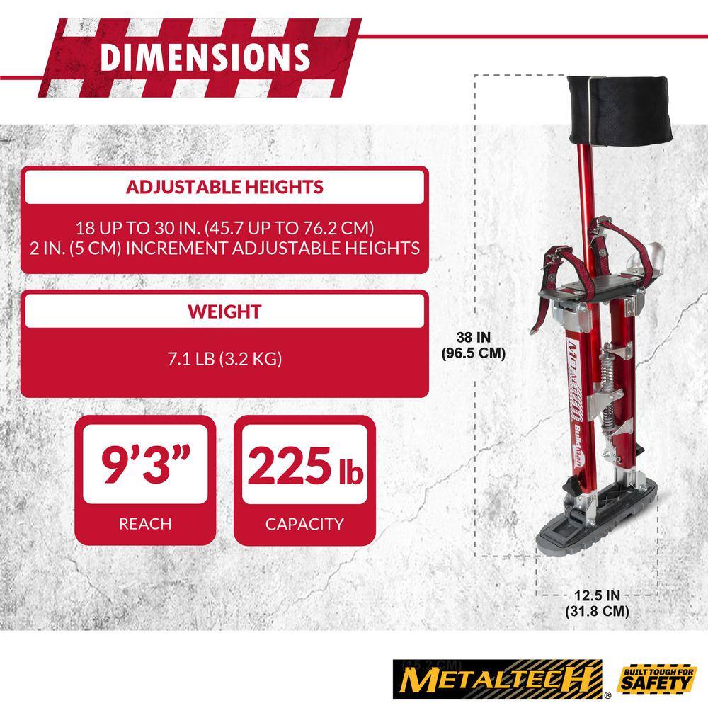 MetalTech I-BMDS1830 Buildman 18 in. to 30 in. Aluminum Adjustable Self-Locking Drywall Stilts with Anti-Fatigue Straps, 225 lbs. Capacity2