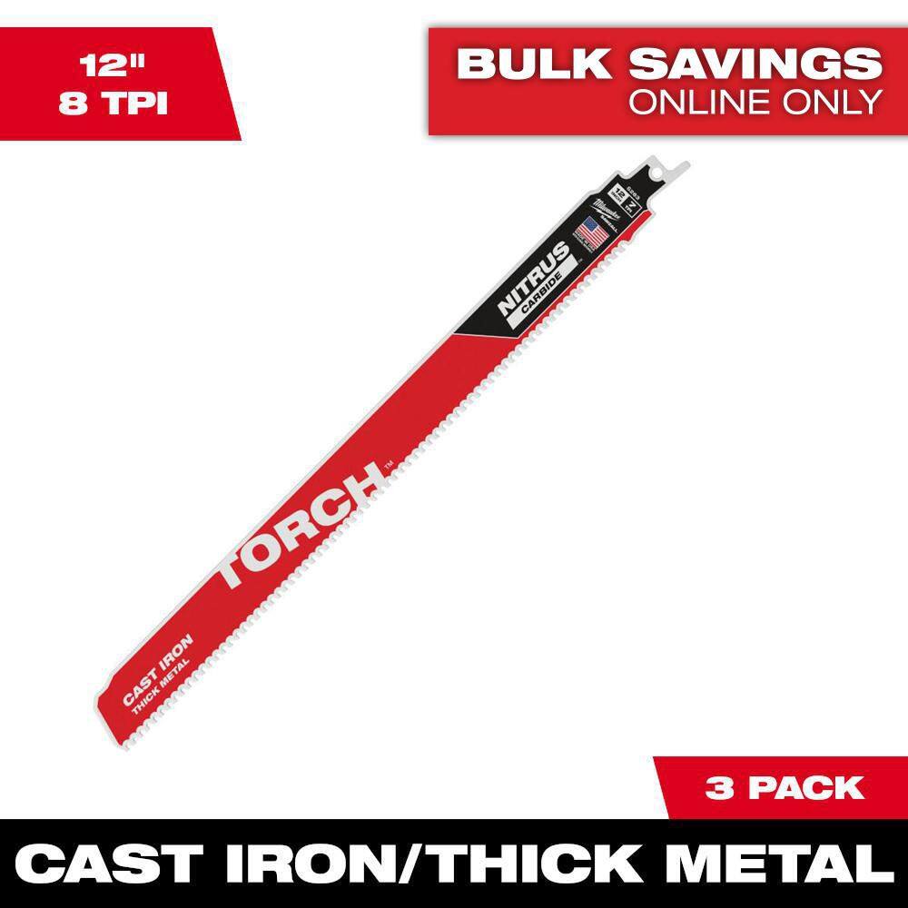 Milwaukee 48-00-5363 12 in. 8 TPI TORCH Nitrus Carbide Teeth Metal Cutting SAWZALL Reciprocating Saw Blade (3-Pack) Milwaukee 48-00-5363 12 in. 8 TPI TORCH Nitrus Carbide Teeth Metal Cutting SAWZALL Reciprocating Saw Blade (3-Pack)