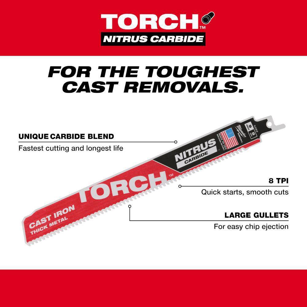 Milwaukee 48-00-5363 12 in. 8 TPI TORCH Nitrus Carbide Teeth Metal Cutting SAWZALL Reciprocating Saw Blade (3-Pack)3