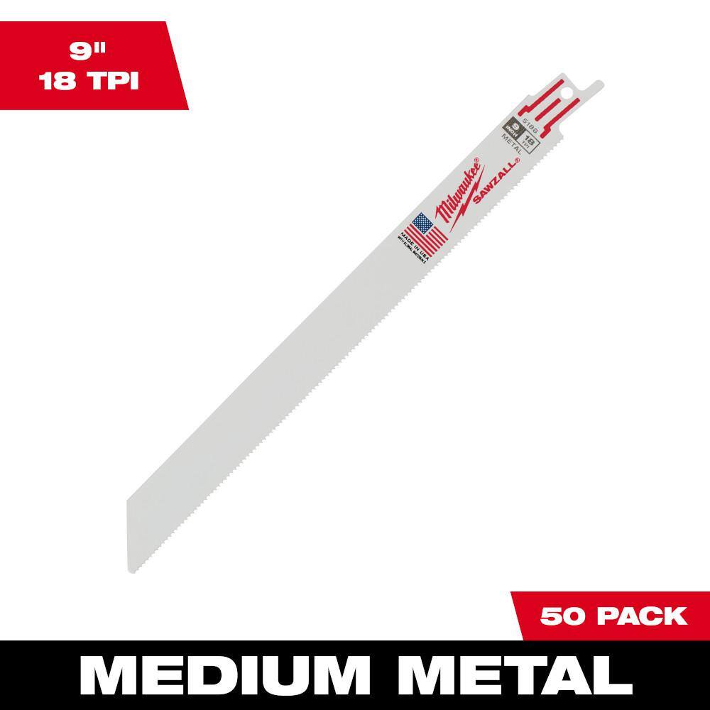Milwaukee 48-01-6188 9 in. 18 TPI Medium Metal Cutting SAWZALL Reciprocating Saw Blades (50-Pack) Milwaukee 48-01-6188 9 in. 18 TPI Medium Metal Cutting SAWZALL Reciprocating Saw Blades (50-Pack)