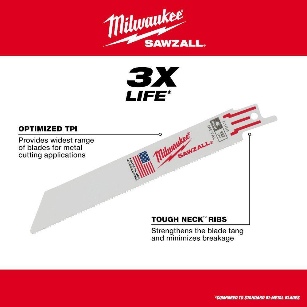 Milwaukee 48-01-6188 9 in. 18 TPI Medium Metal Cutting SAWZALL Reciprocating Saw Blades (50-Pack)4