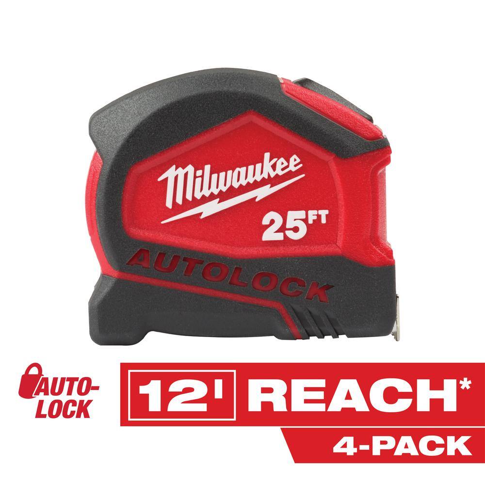 Milwaukee 48-22-6825-4X 25 ft. Compact Auto Lock Tape Measure (4-Pack) Milwaukee 48-22-6825-4X 25 ft. Compact Auto Lock Tape Measure (4-Pack)
