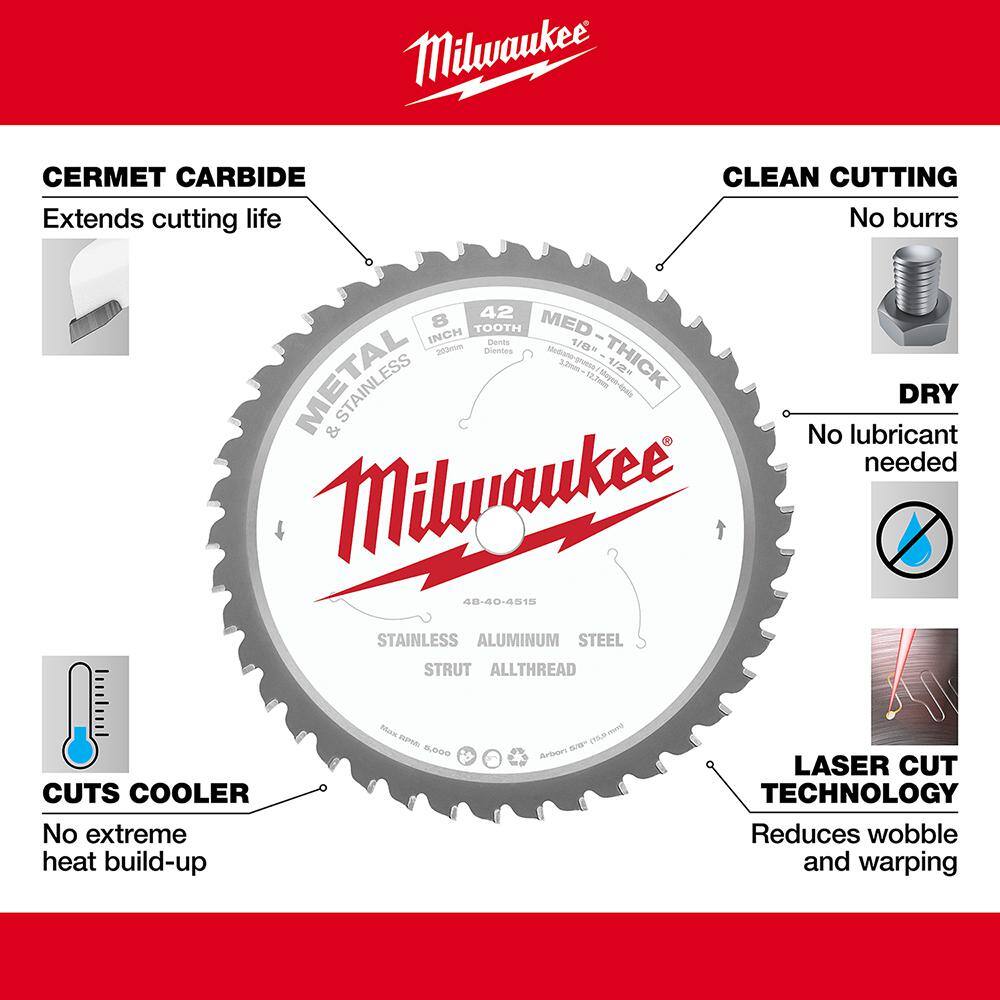 Milwaukee 48-40-4515 8 in. x 42 Carbide Teeth Metal & Stainless Cutting Circular Saw Blade3