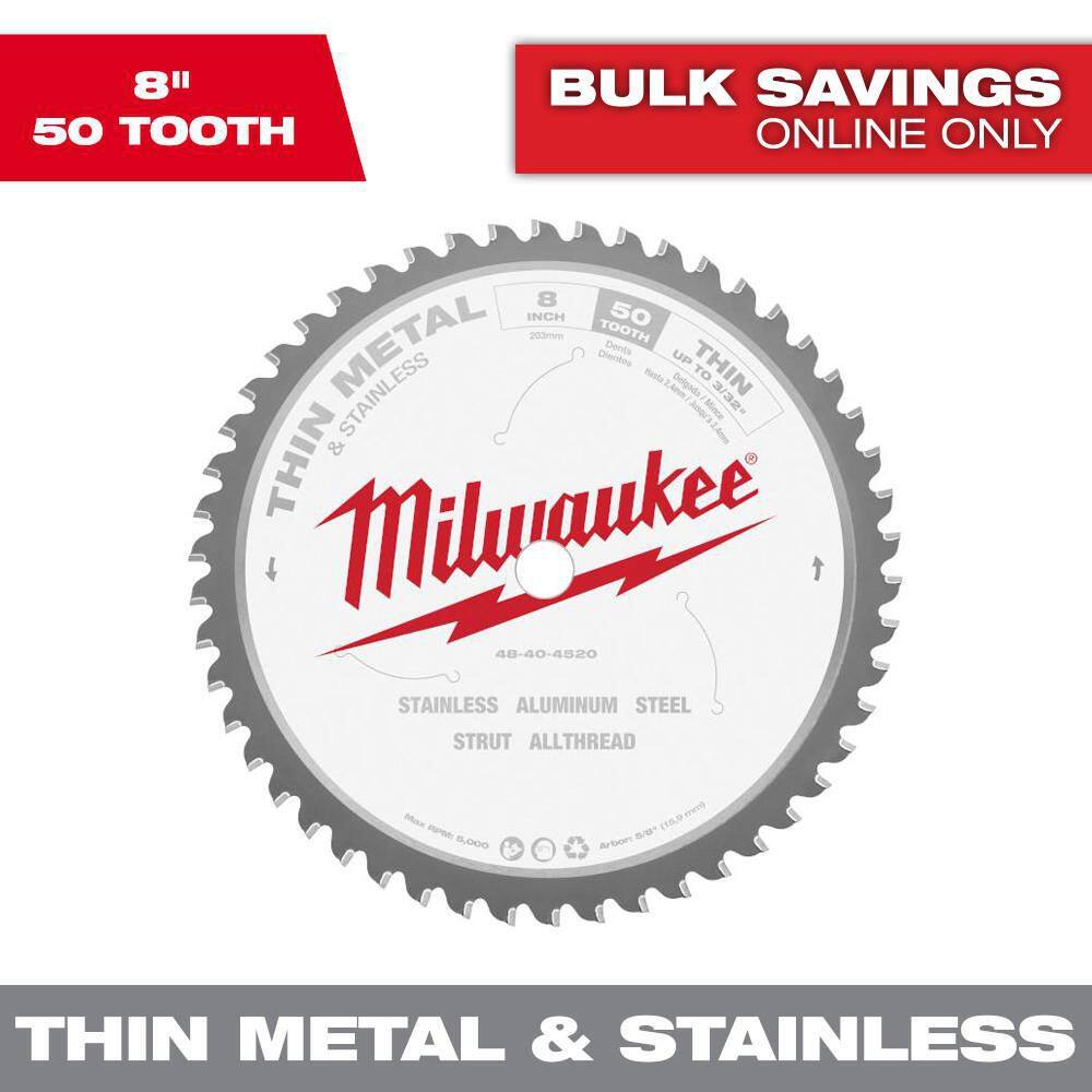 Milwaukee 48-40-4520 8 in. x 50 Carbide Teeth Thin Metal & Stainless Cutting Circular Saw Blade Milwaukee 48-40-4520 8 in. x 50 Carbide Teeth Thin Metal & Stainless Cutting Circular Saw Blade