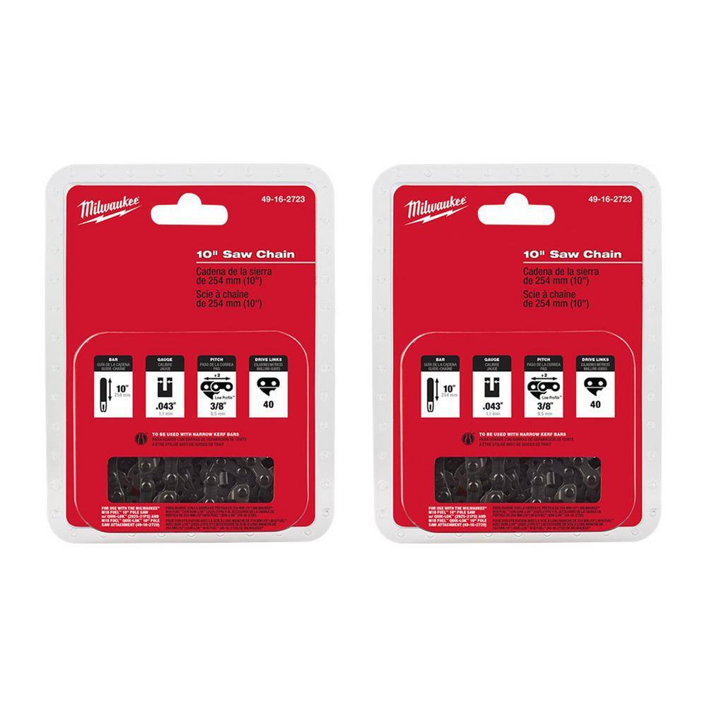Milwaukee 49-16-2723-49-16-2723 10 in. Saw Chain (2-Pack) Milwaukee 49-16-2723-49-16-2723 10 in. Saw Chain (2-Pack)