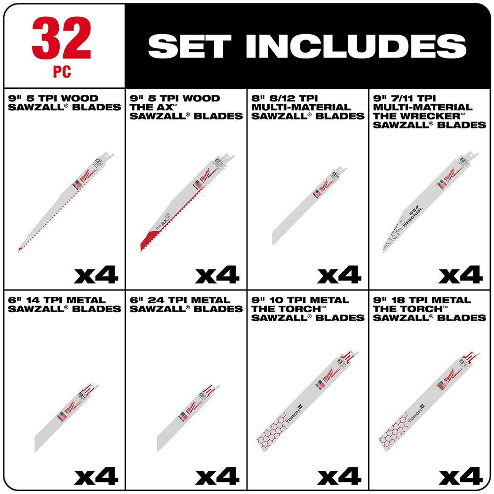 Milwaukee 49-22-1132 SAWZALL Nail-Embedded Wood and Metal Cutting Bi-Metal Reciprocating Saw Blade Set (32-Piece)1