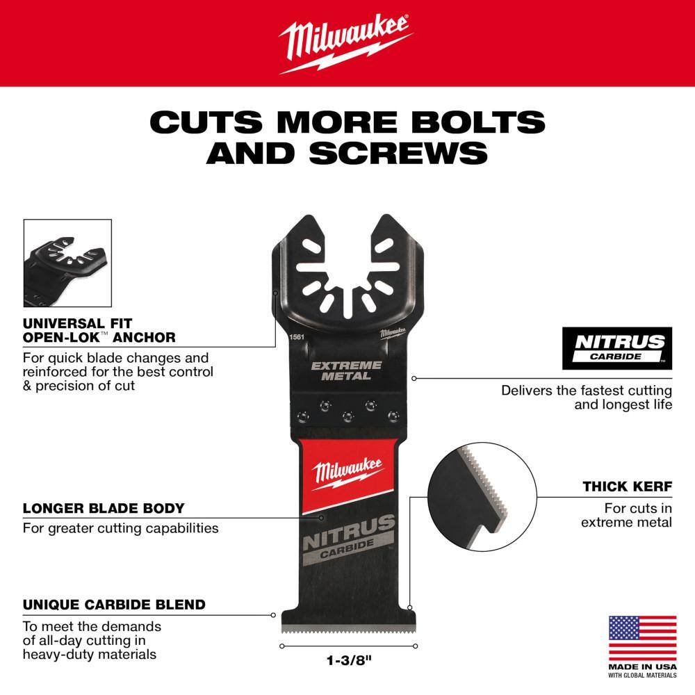 Milwaukee 49-25-1563 1-3 8 in. Nitrus Carbide Universal Fit Extreme Metal Cutting Oscillating Multi-Tool Blade (3-Pack)3