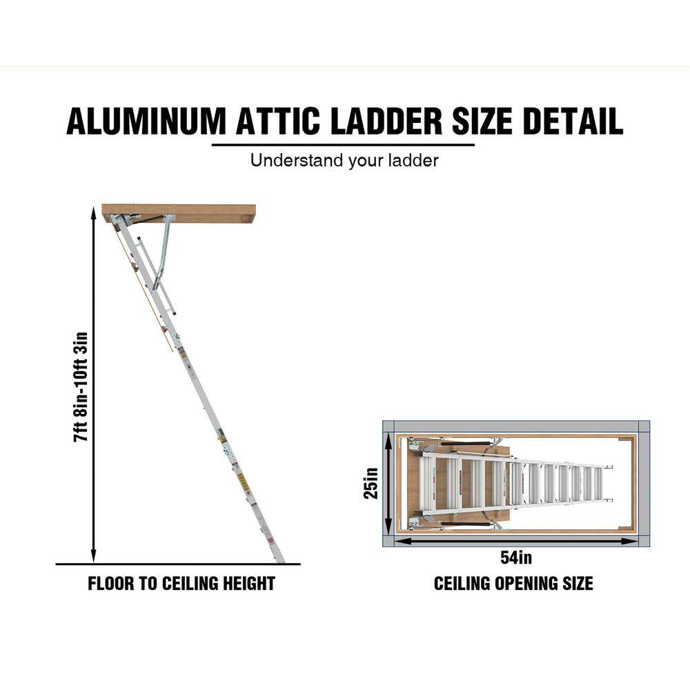 Misopily SA1128B002-25 7 ft. 8 in.-10 ft. 3 in. Ceiling Height, 25 in. x 54 in. Aluminum Attic Ladder, 375 lbs. Load Capacity5