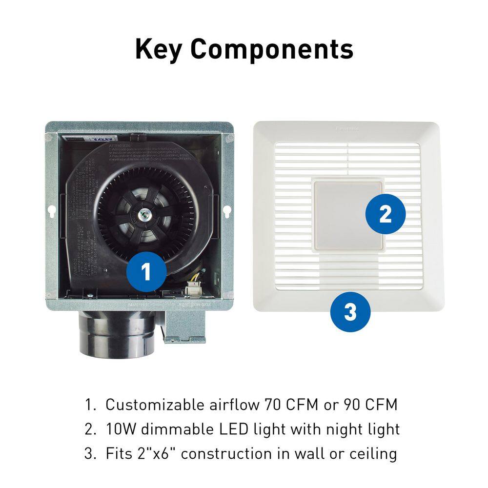 Panasonic RG-M79LA Whisper Mighty LED Pick-A-Flow 70-90CFM Ceiling Wall ENERGY STAR Bathroom Exhaust Fan 9.5 in. x 9.5 in. Grille Footprint9