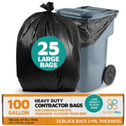 PlasticMill 67 in. W x 79 in. H. 100 Gal. 3 mil Black Contractor Bags (25-Count)