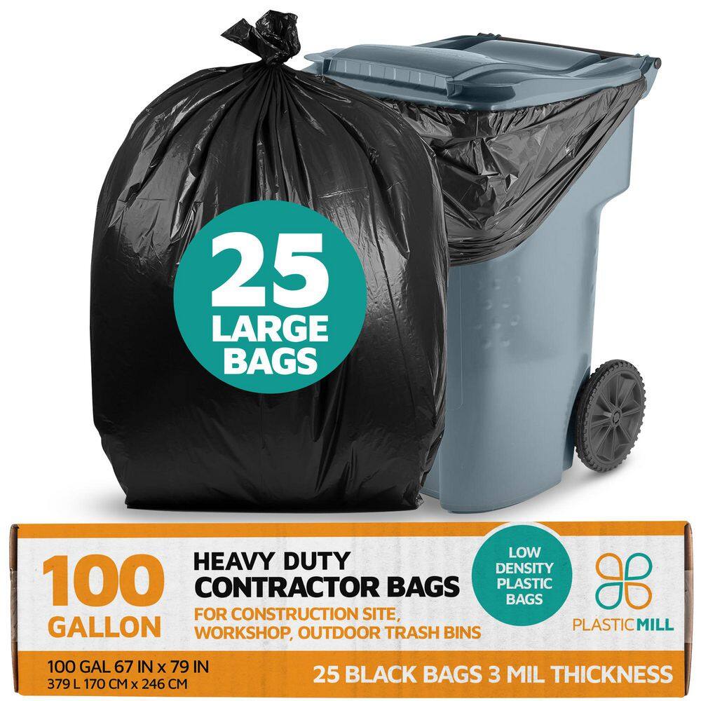PlasticMill 67 in. W x 79 in. H. 100 Gal. 3 mil Black Contractor Bags (25-Count) PlasticMill 67 in. W x 79 in. H. 100 Gal. 3 mil Black Contractor Bags (25-Count)