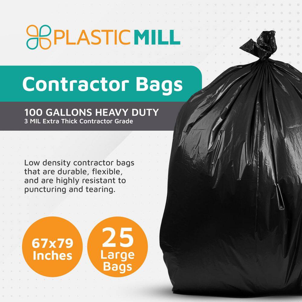 PlasticMill 67 in. W x 79 in. H. 100 Gal. 3 mil Black Contractor Bags (25-Count)1