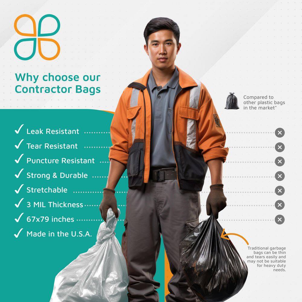 PlasticMill 67 in. W x 79 in. H. 100 Gal. 3 mil Black Contractor Bags (25-Count)7