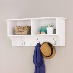 Prepac WEC-3616 White 36 in. Contemporary Wall Mounted Coat Rack with 2-Shelves, Coat Hooks Wall Mount, Entryway Storage Solution