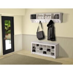 Prepac WEC-6016 White 60 in. Contemporary Wall Mounted Coat Rack with 4-Shelves, Coat Hooks Wall Mount, Entryway Storage Solution